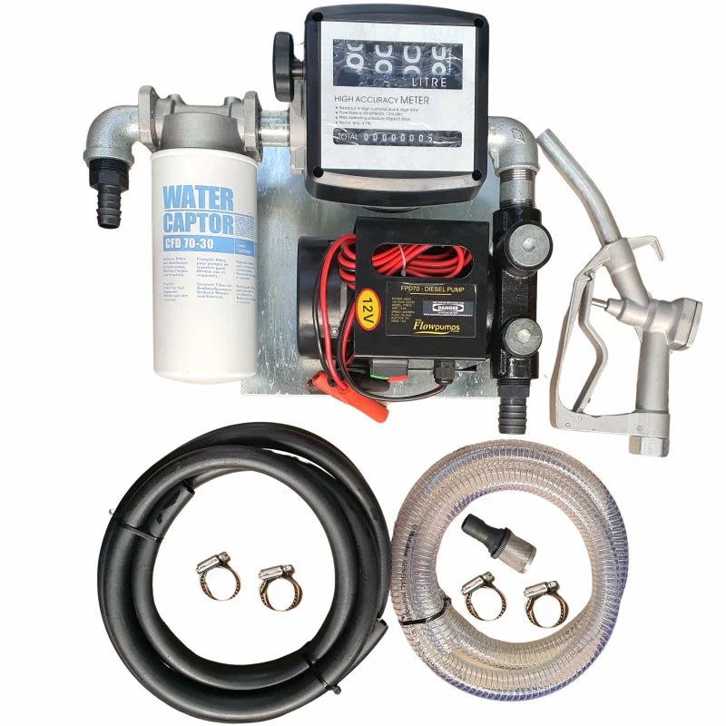 70lt - 12v Diesel pump kit with water absorbent filter - Fully assembled on wall-mount plate